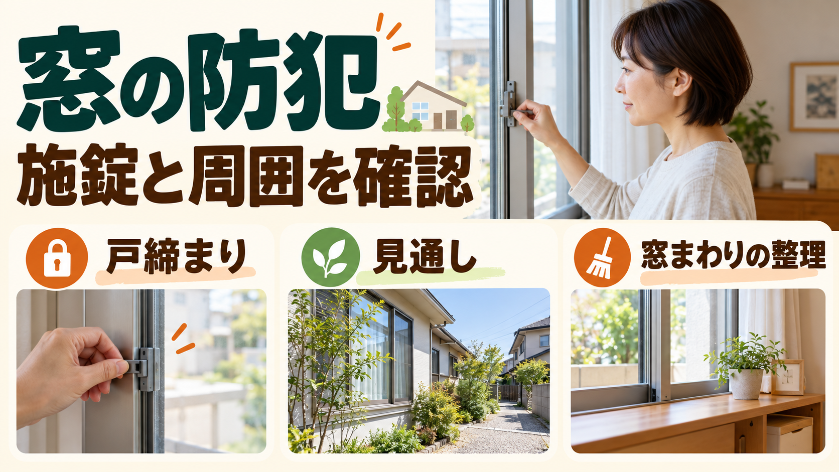 住宅の窓の施錠と周囲の見通しを安全に確認するイメージ