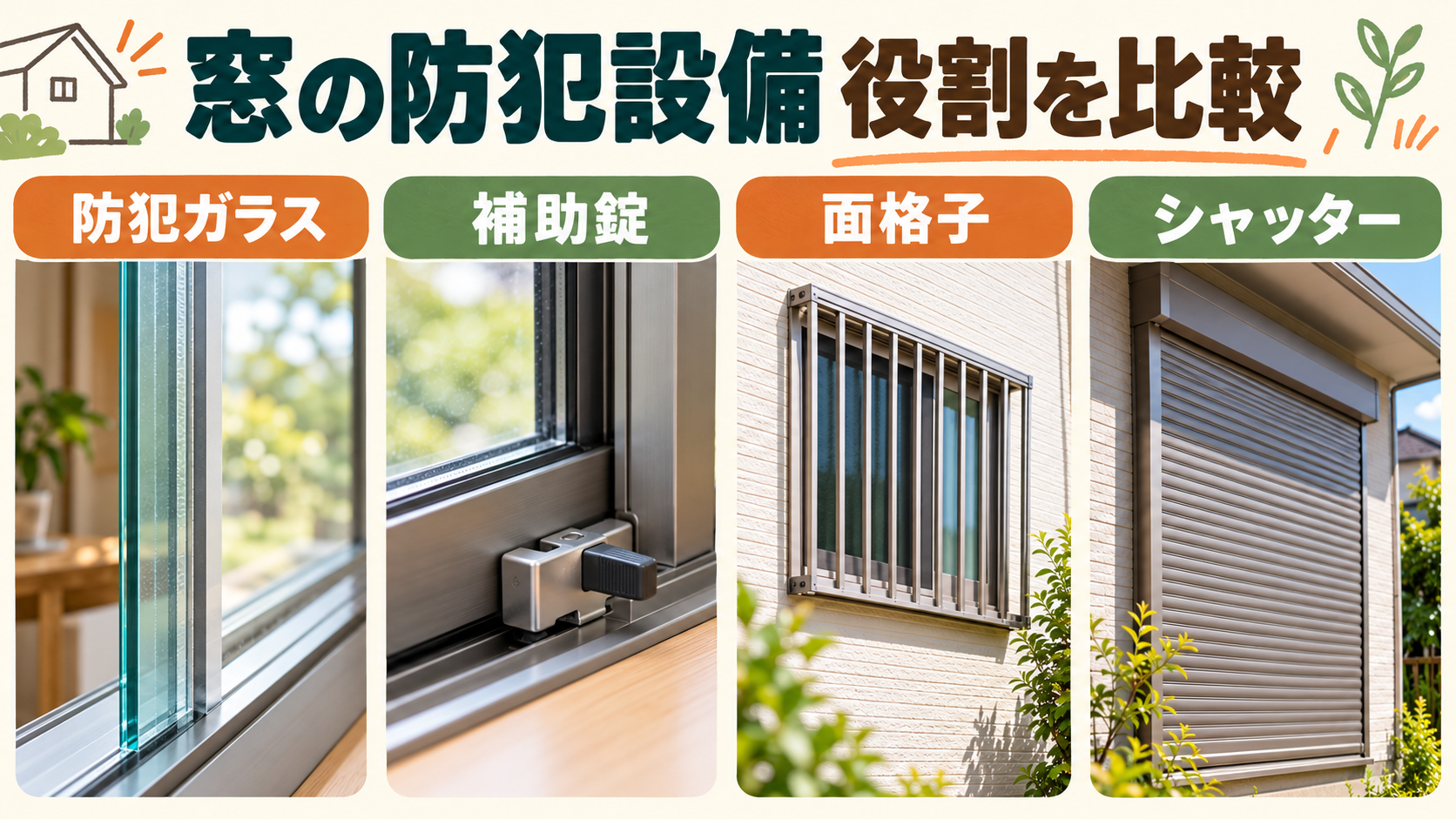 防犯ガラス、補助錠、面格子、シャッターの役割を比較するイメージ