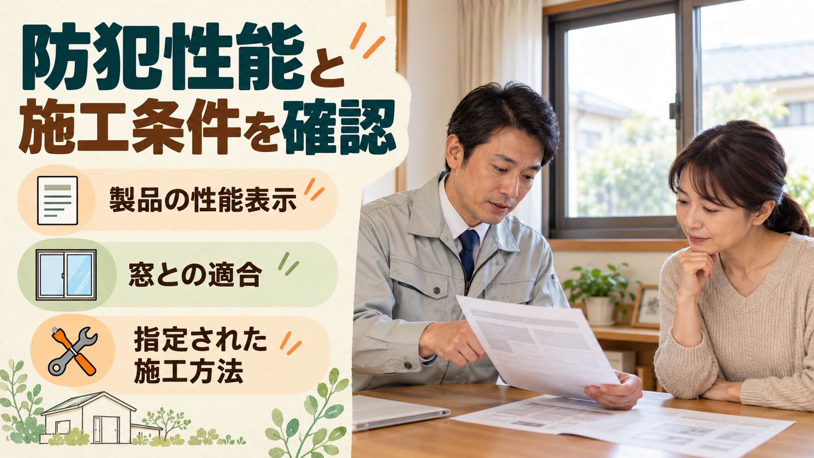 窓の防犯性能表示と製品の施工条件を施工店へ確認するイメージ