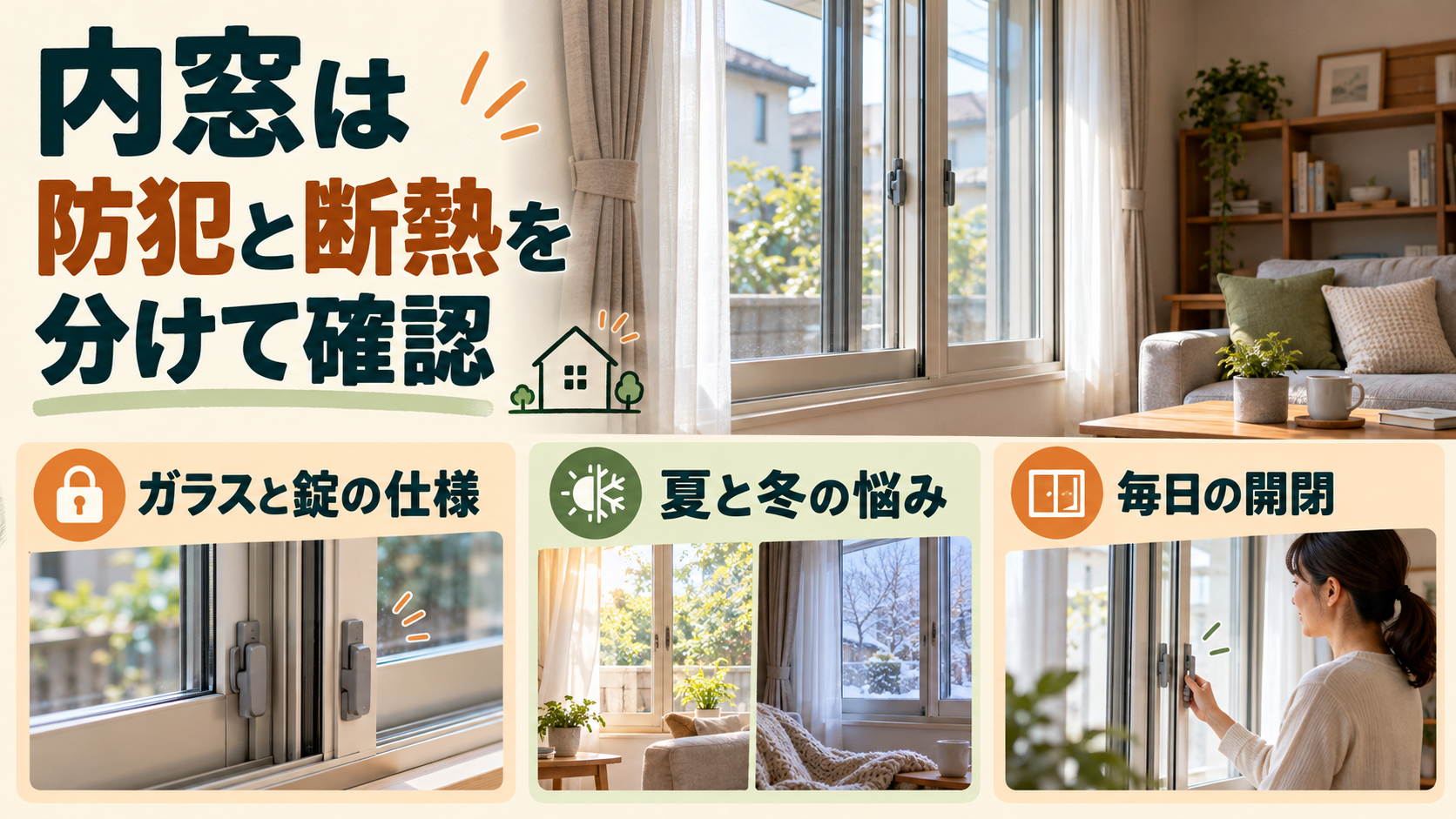 内窓のガラスと鍵の仕様、断熱、開閉の使い勝手を確認するイメージ