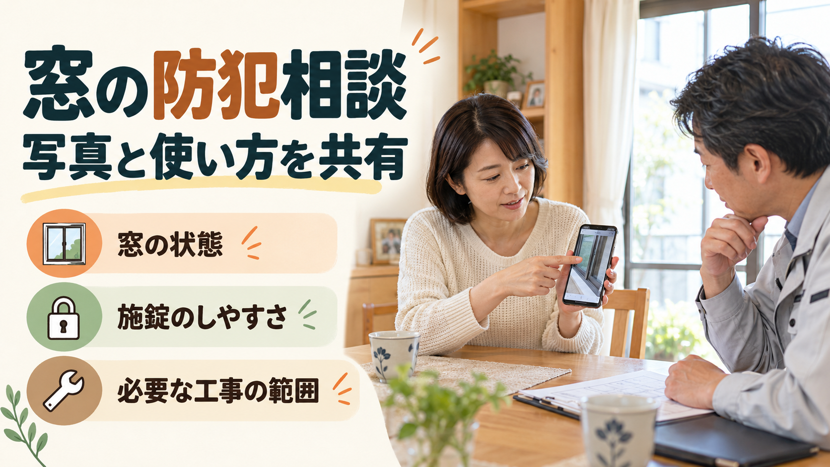 住宅の窓の状態と防犯、暑さの希望を施工店へ相談するイメージ