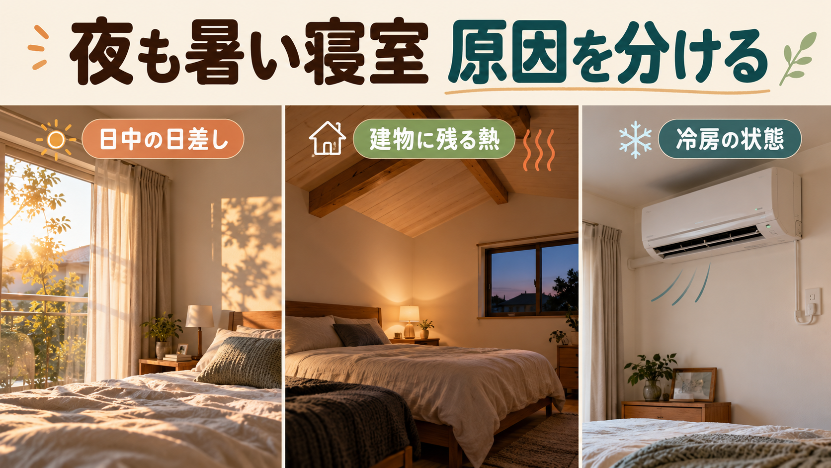 寝室の暑さを日中の日射、屋根や壁に残る熱、冷房の状態に分けるイメージ