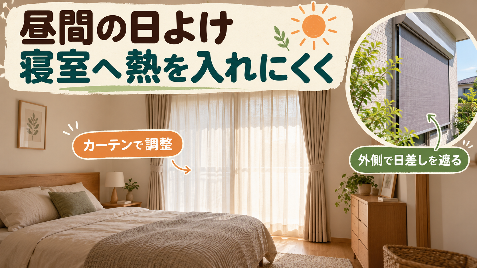 寝室のカーテンと外付け日よけで昼間の強い日差しを調整するイメージ