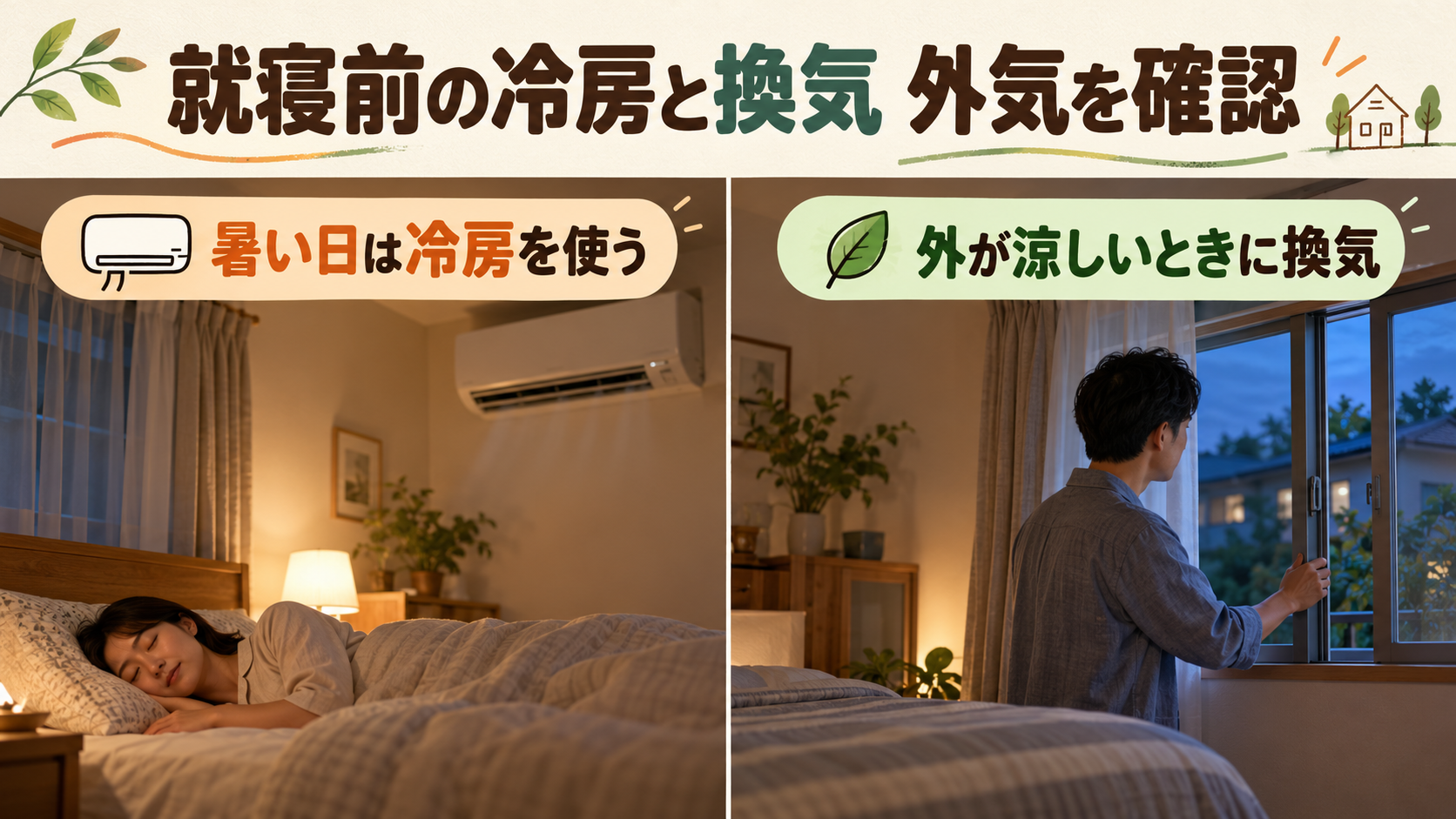 就寝前に寝室の室温を確認し冷房と外気が涼しいときの換気を使い分けるイメージ