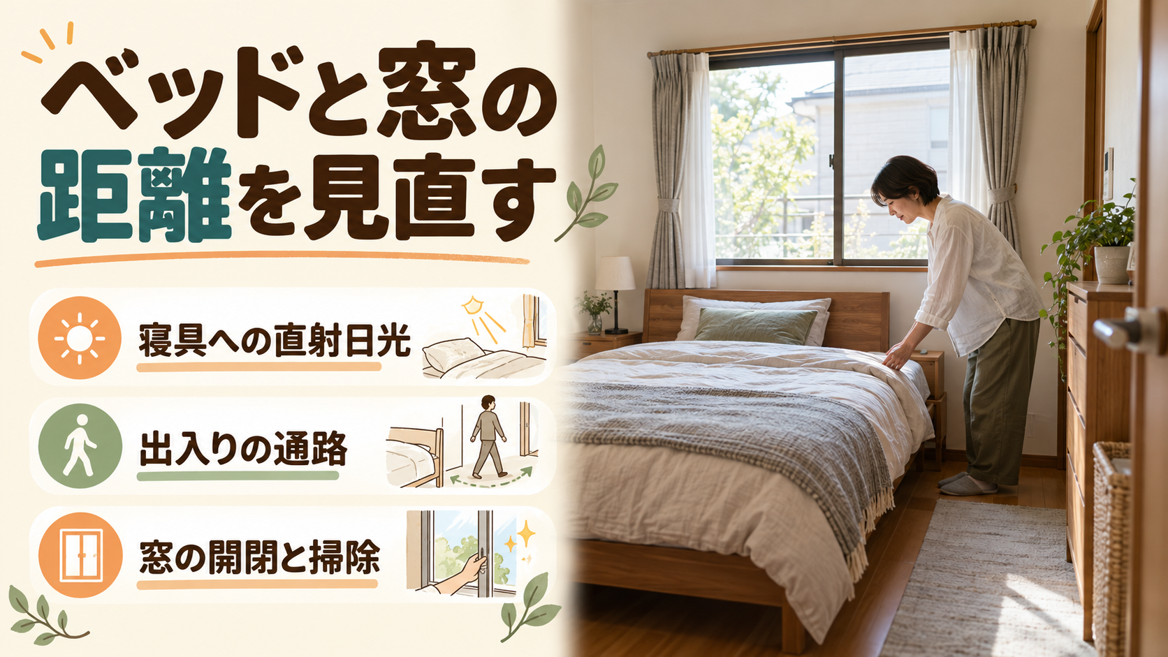 寝室の窓からベッドを少し離して日差しと開閉の通路を確認するイメージ