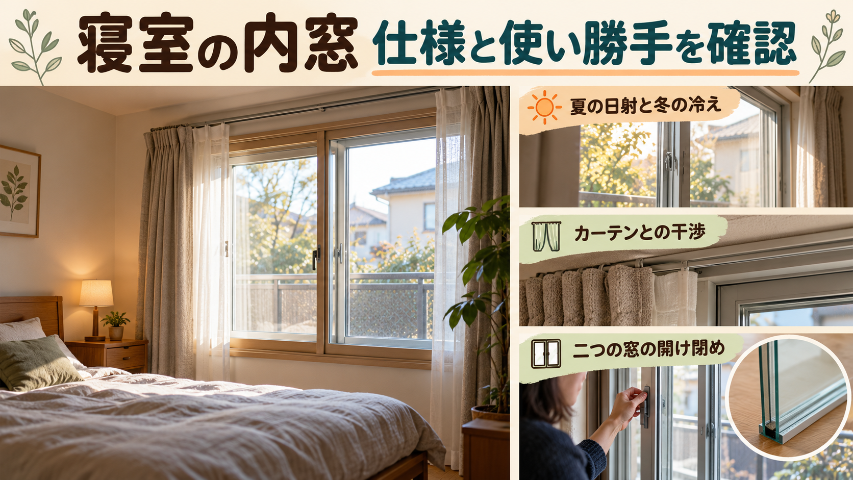 寝室の内窓とガラスを日射、冬の冷え、カーテンとの位置関係で比較するイメージ