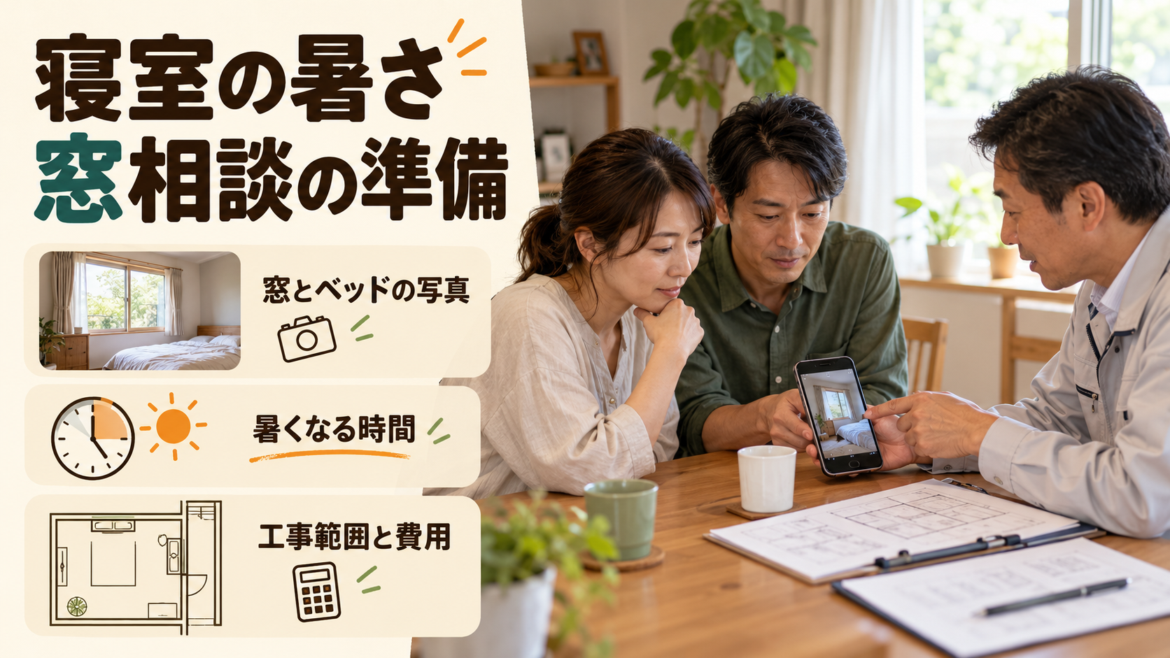 寝室の窓とベッドの位置、暑くなる時間を施工店へ伝えて相談するイメージ