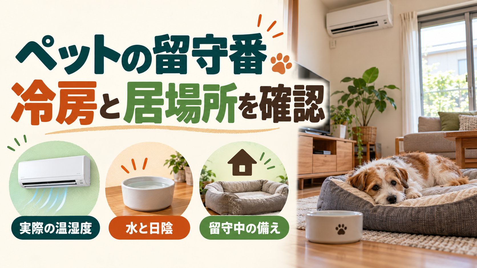 犬や猫の留守番前に冷房と日陰の居場所を確認するイメージ