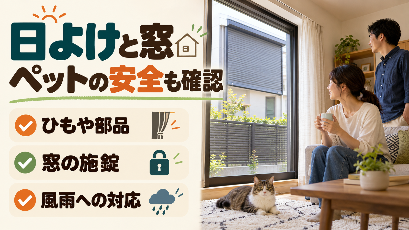 ペットがひもに触れない日よけと施錠した窓の安全を確認するイメージ