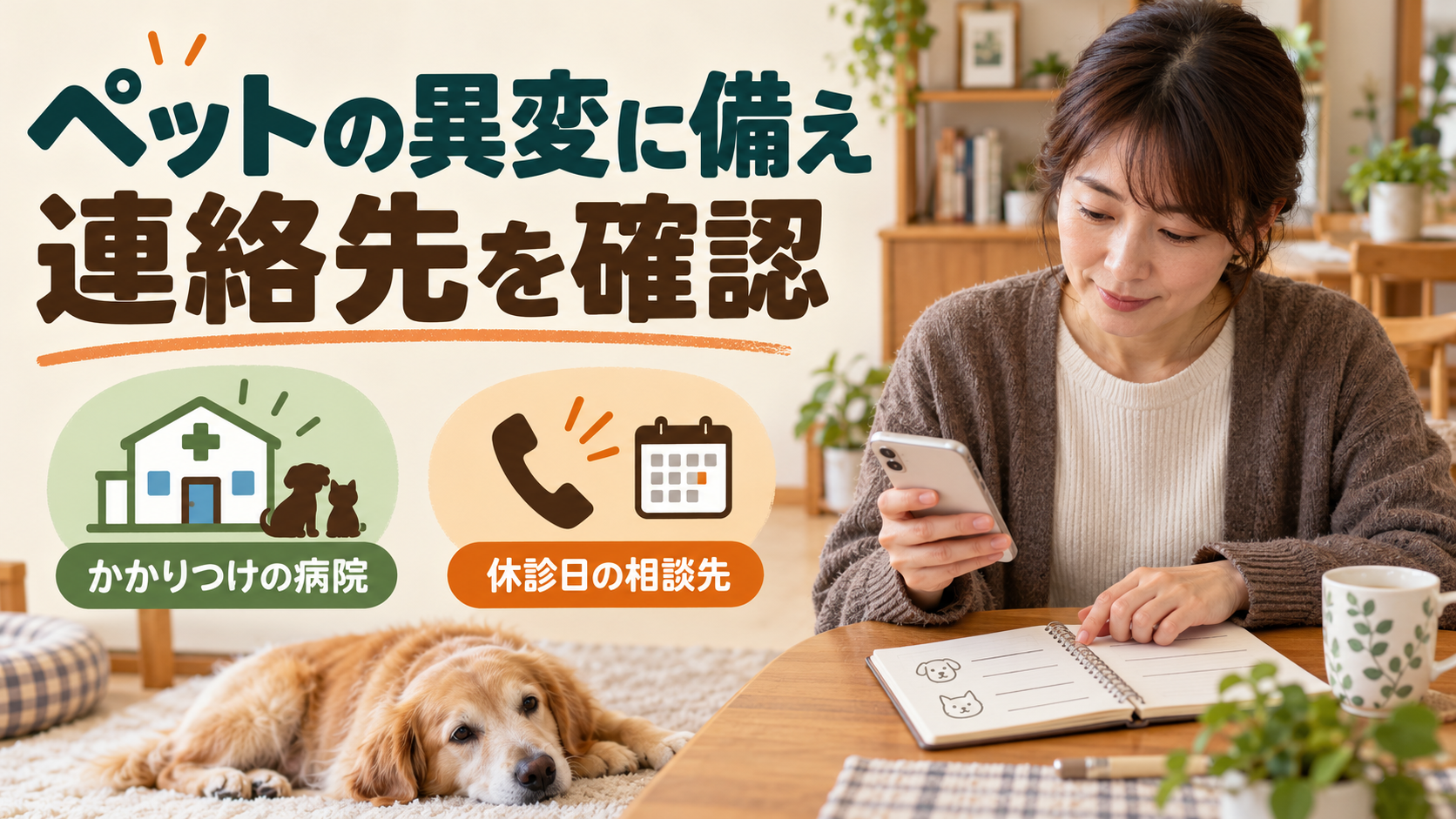 ペットの体調に異変があるときの動物病院の連絡先を事前に確認するイメージ