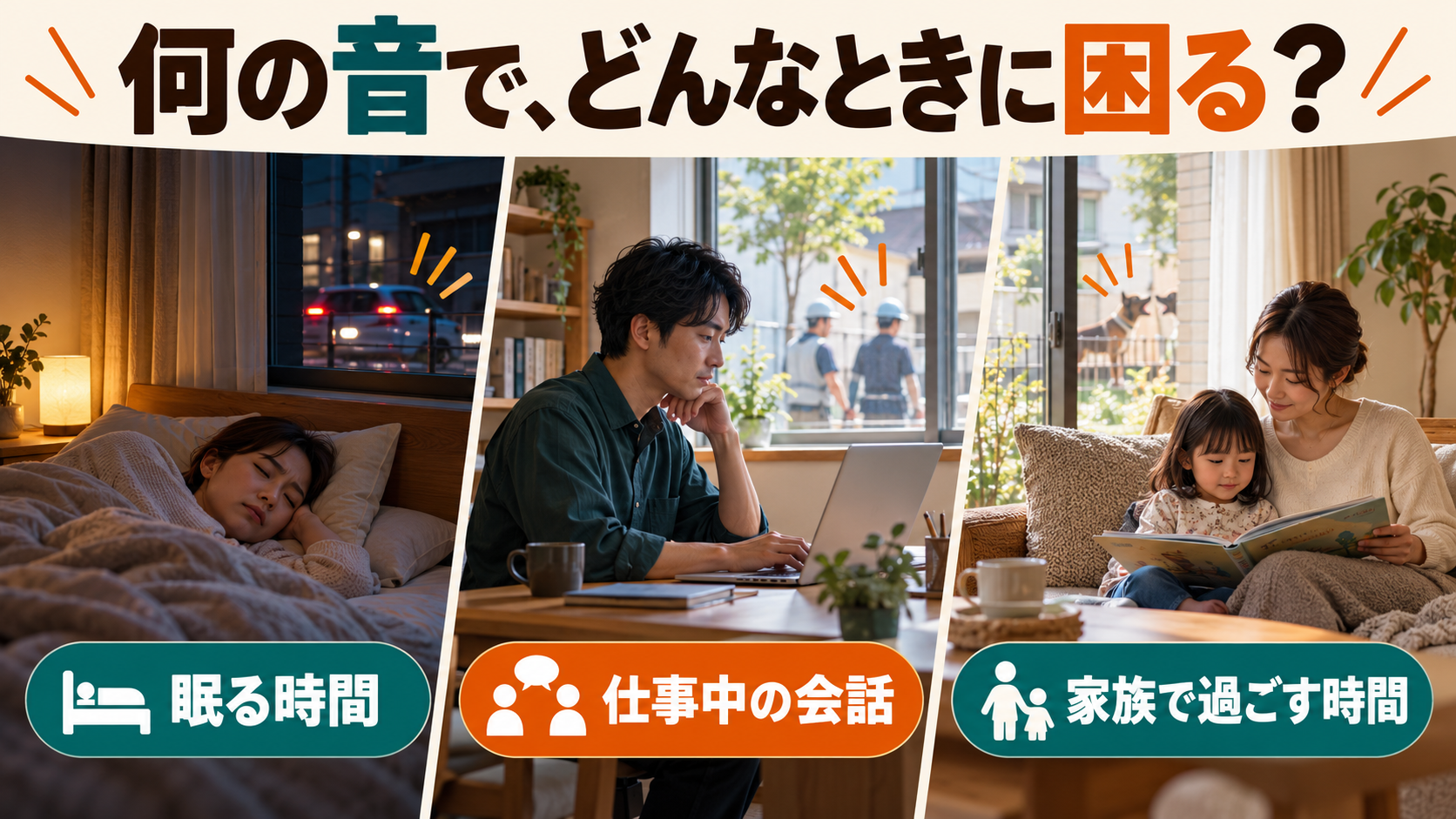 外の音が気になる場面を、眠る時間・仕事中の会話・家族で過ごす時間に分けて整理するイメージ