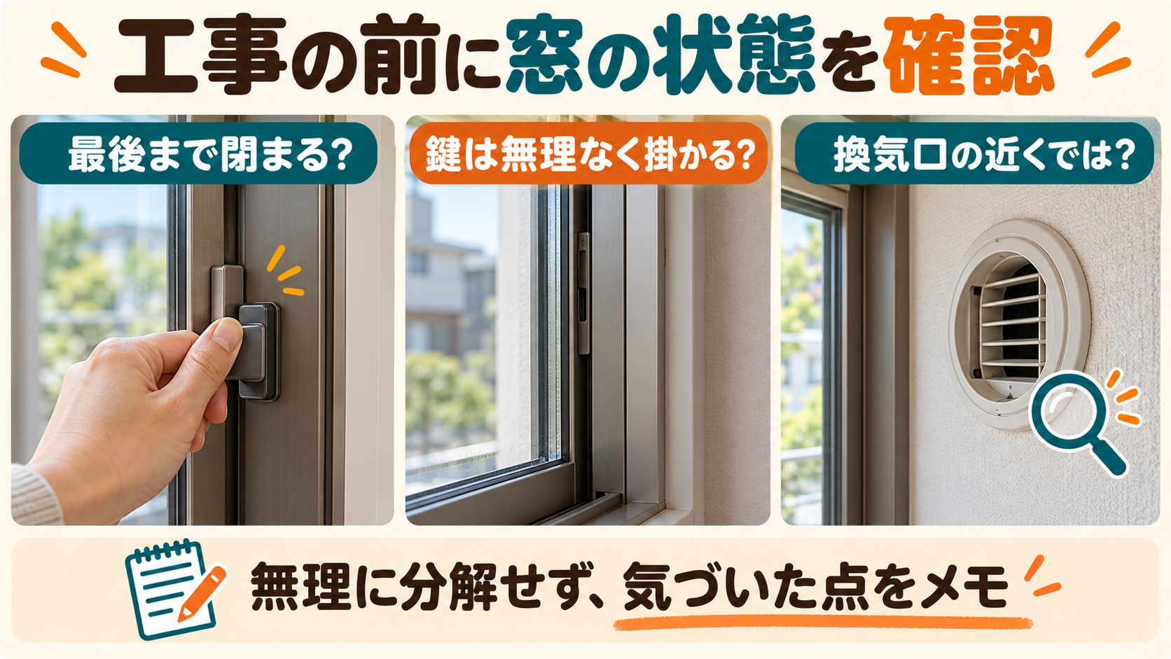 工事前に、窓が閉まるか・鍵が掛かるか・換気口の近くでの聞こえ方を確認するイメージ