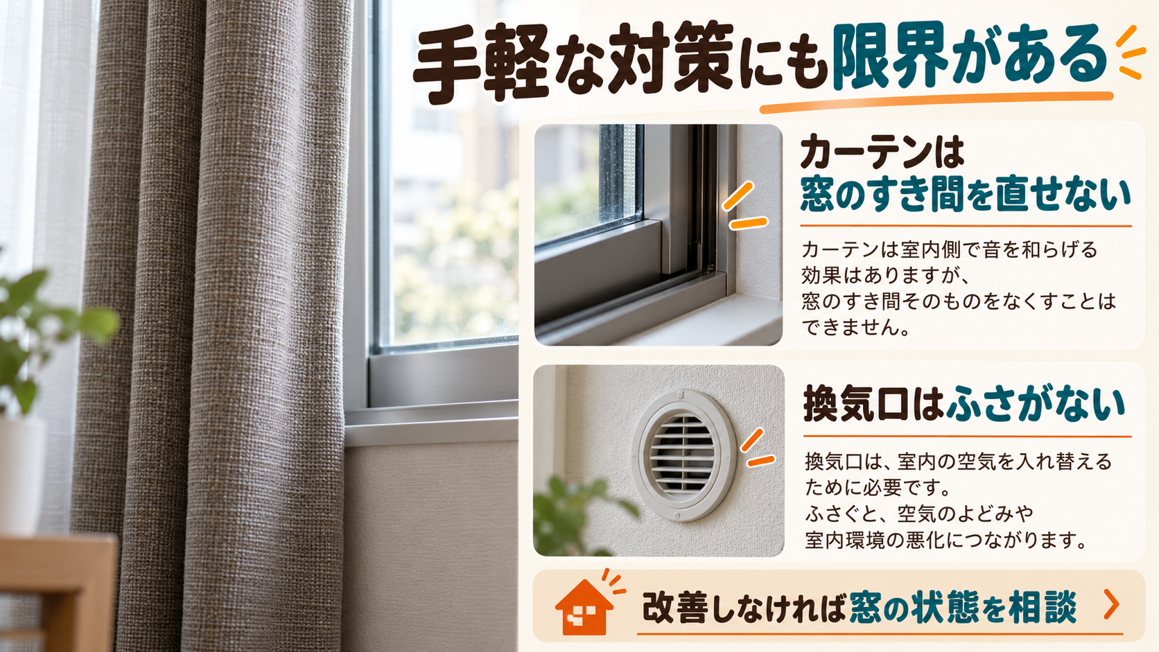 厚手のカーテンでも窓のすき間自体は直せず、換気口をふさぐ対策は避けることを説明する画像