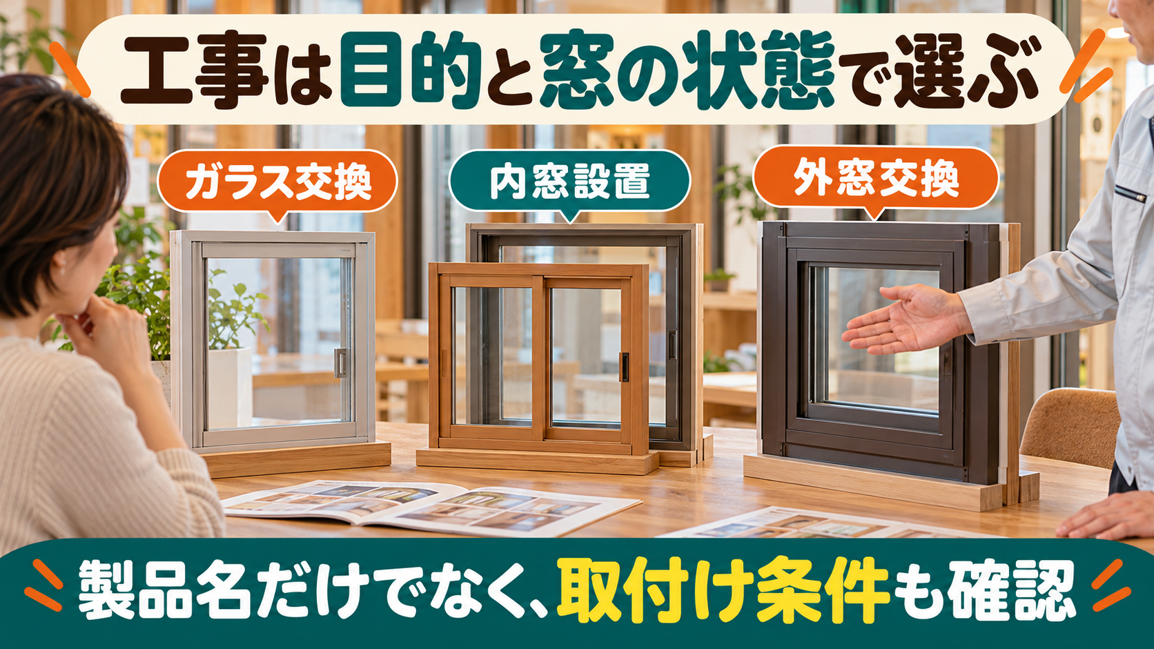 窓の展示サンプルを見ながら、ガラス交換・内窓設置・外窓交換と取り付け条件を比較する様子