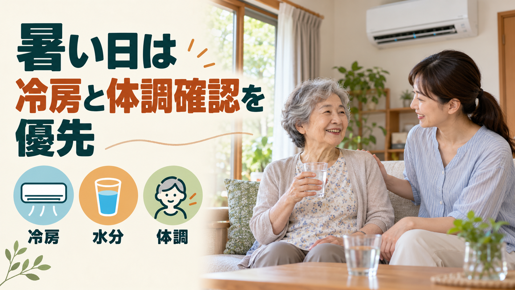 冷房を使い室温と体調を確認してこまめに水分をとる室内の暑さ対策イメージ