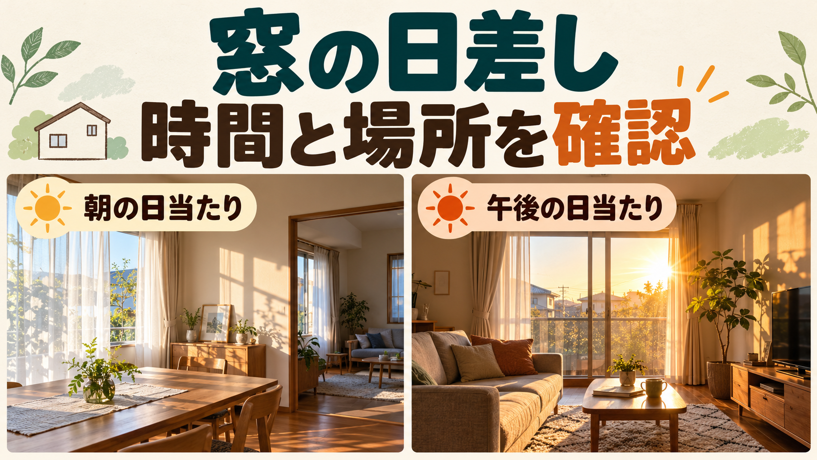 朝と午後の日差しが入る窓と家族が過ごす場所を確認するイメージ