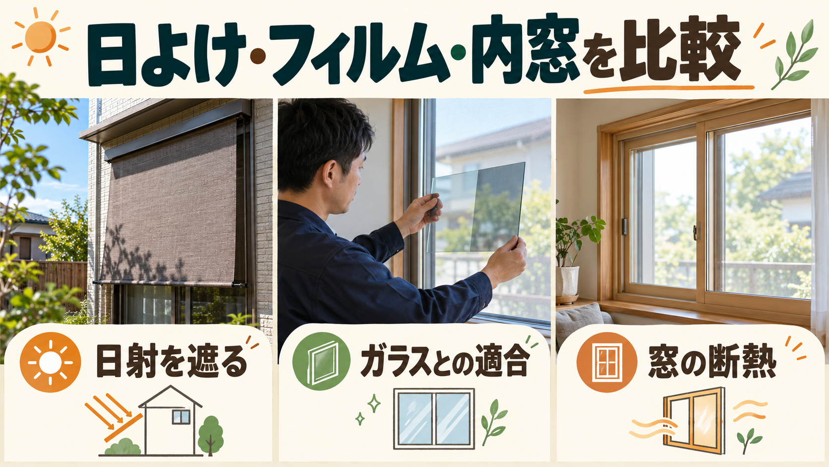 外付け日よけ、適合を確認するフィルム、内窓の役割を比較するイメージ