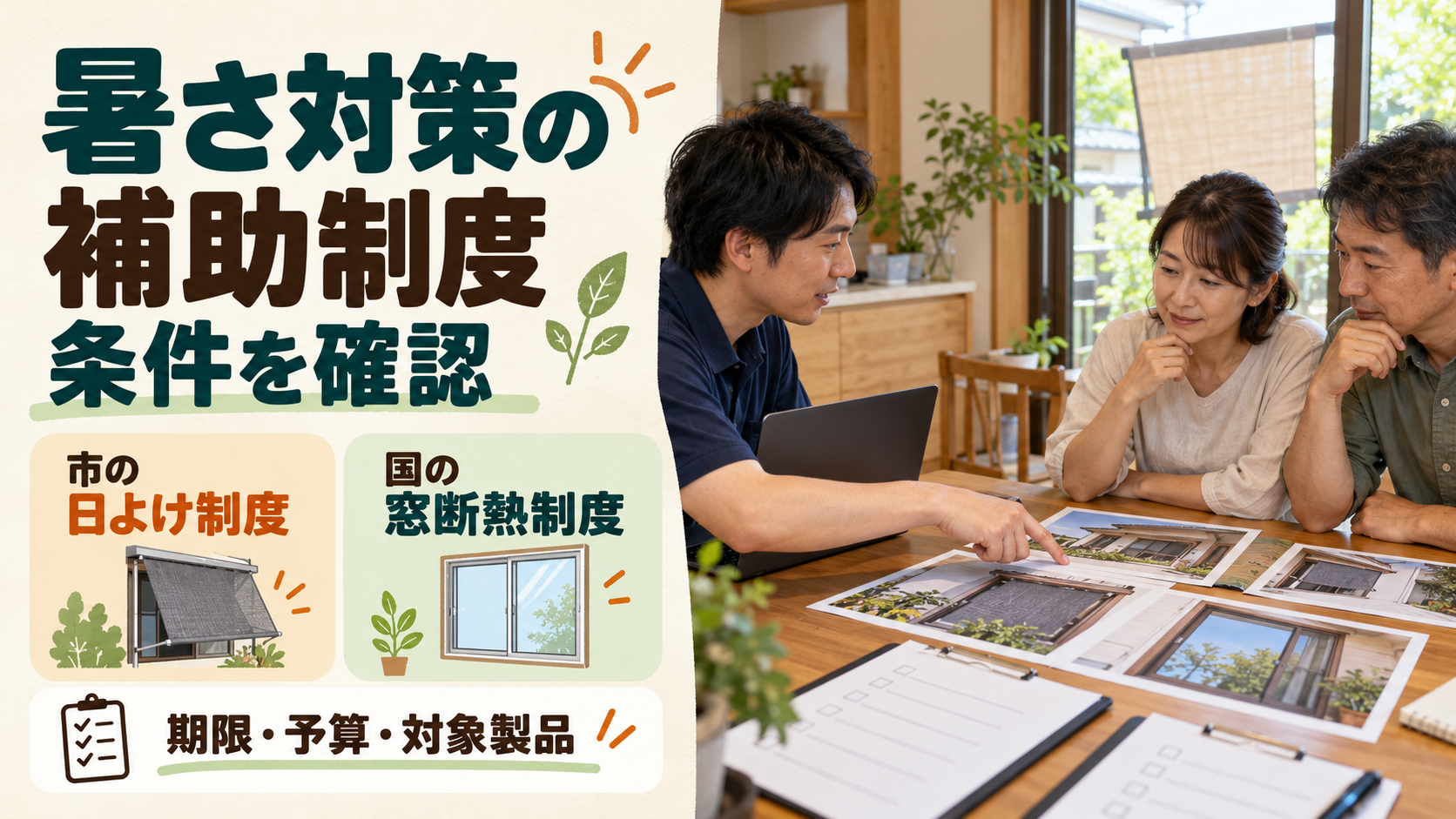 日よけの市制度と窓断熱の国制度を分けて受付条件を確認するイメージ