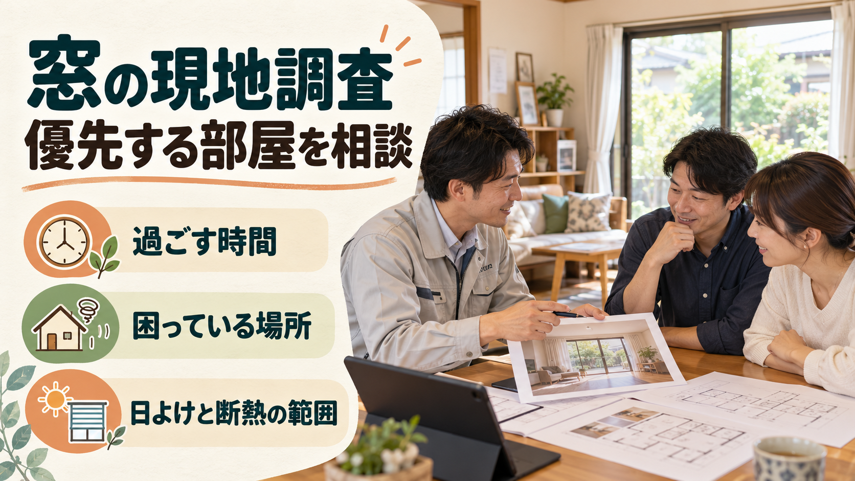 家族が長く過ごす部屋と窓改修の優先順位を施工店に相談するイメージ
