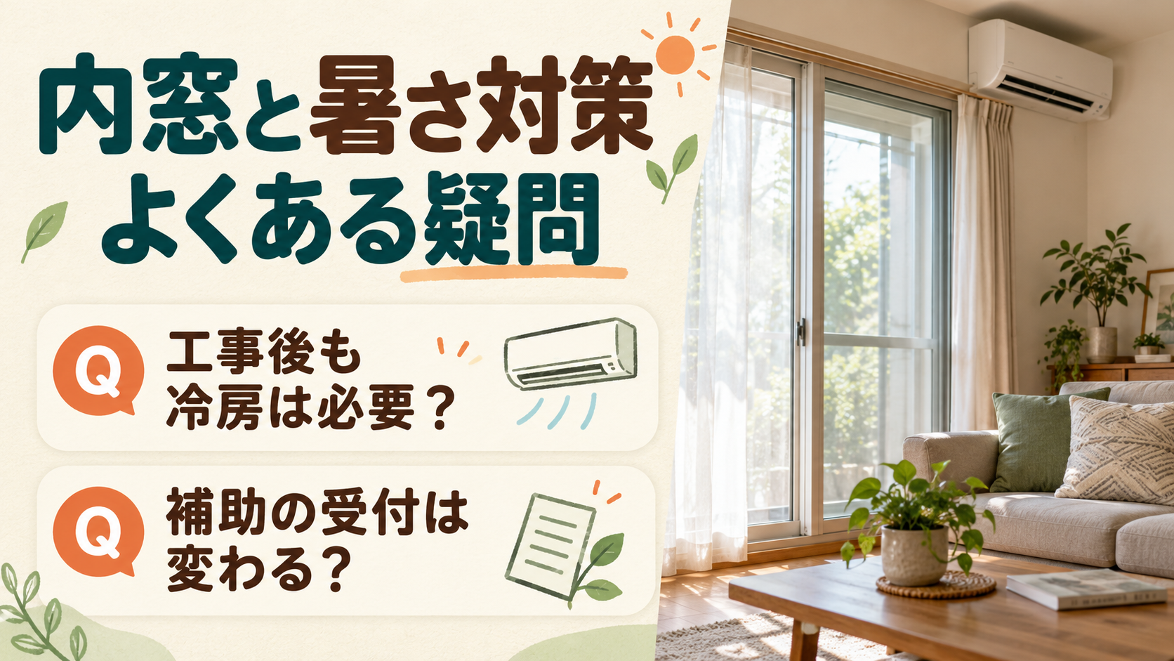 内窓を設置した後の冷房と日よけ補助の受付状況について確認するイメージ