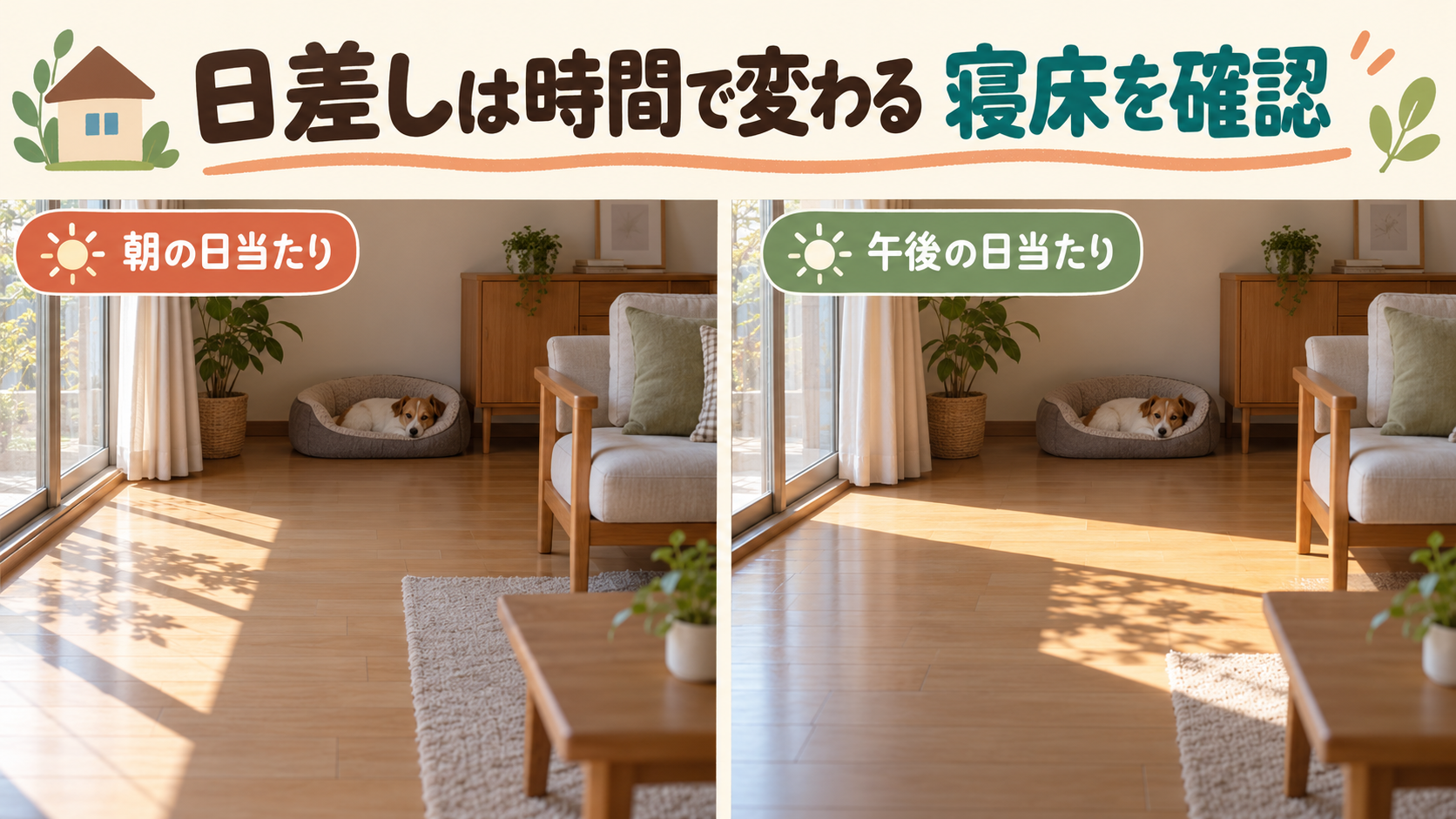 朝と午後で変わる日差しと犬の寝床の位置を確認するイメージ
