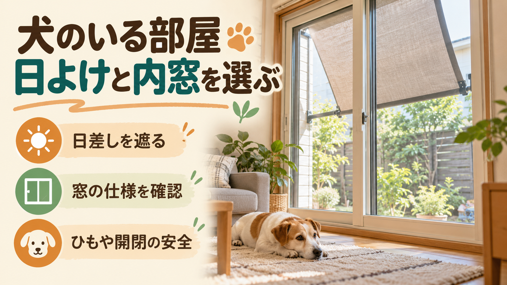 犬のいる部屋で外付け日よけと内窓を安全に選ぶイメージ