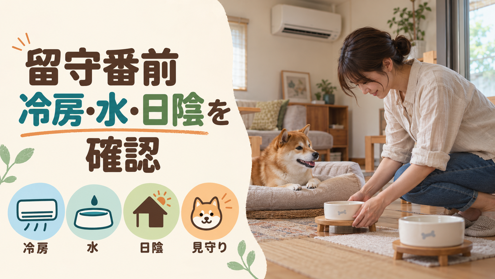 犬の留守番前に冷房、水、日陰と見守りの準備を確認するイメージ