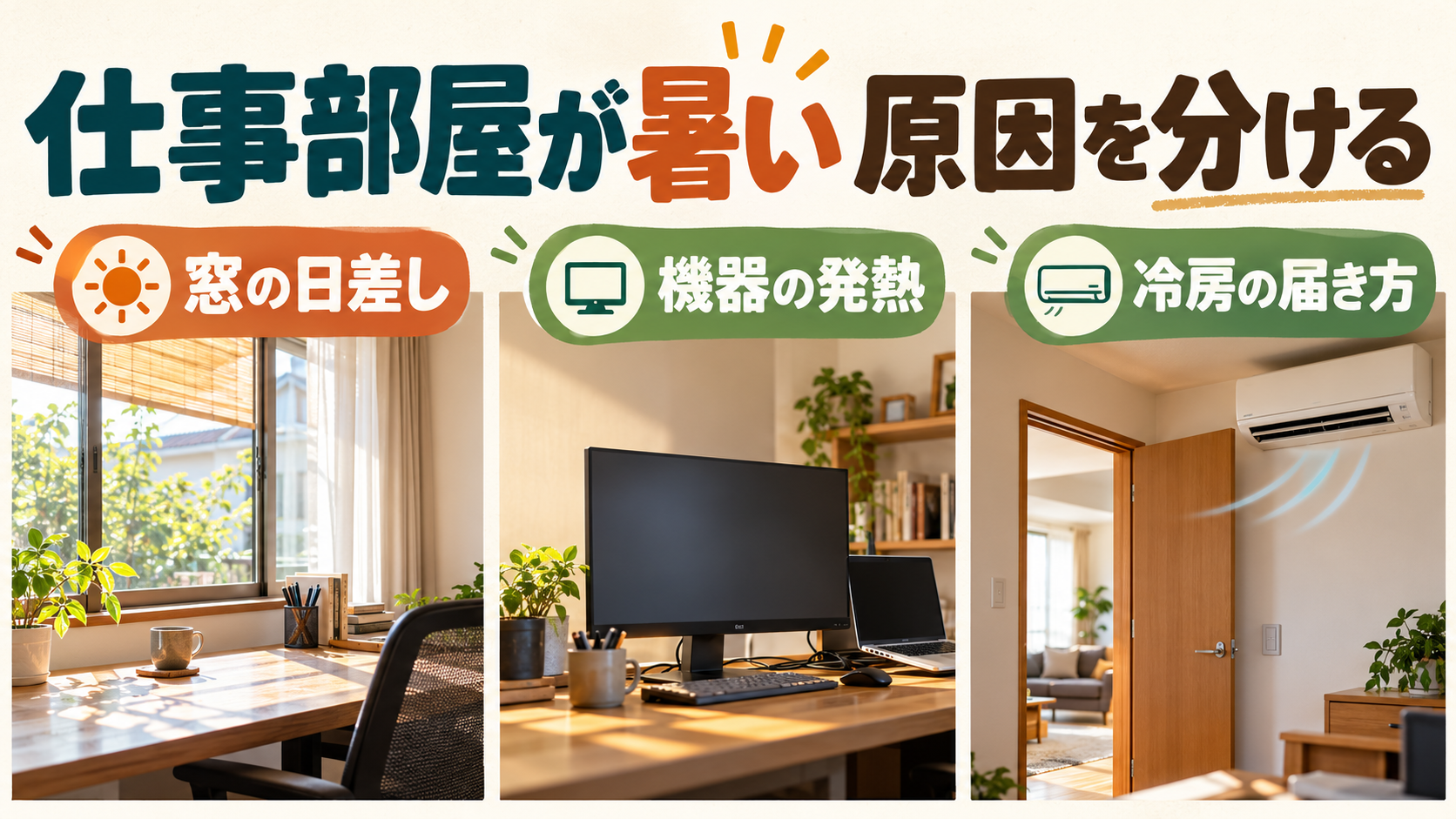 仕事部屋の窓の日差しとパソコンの発熱、冷房の届き方を確認するイメージ