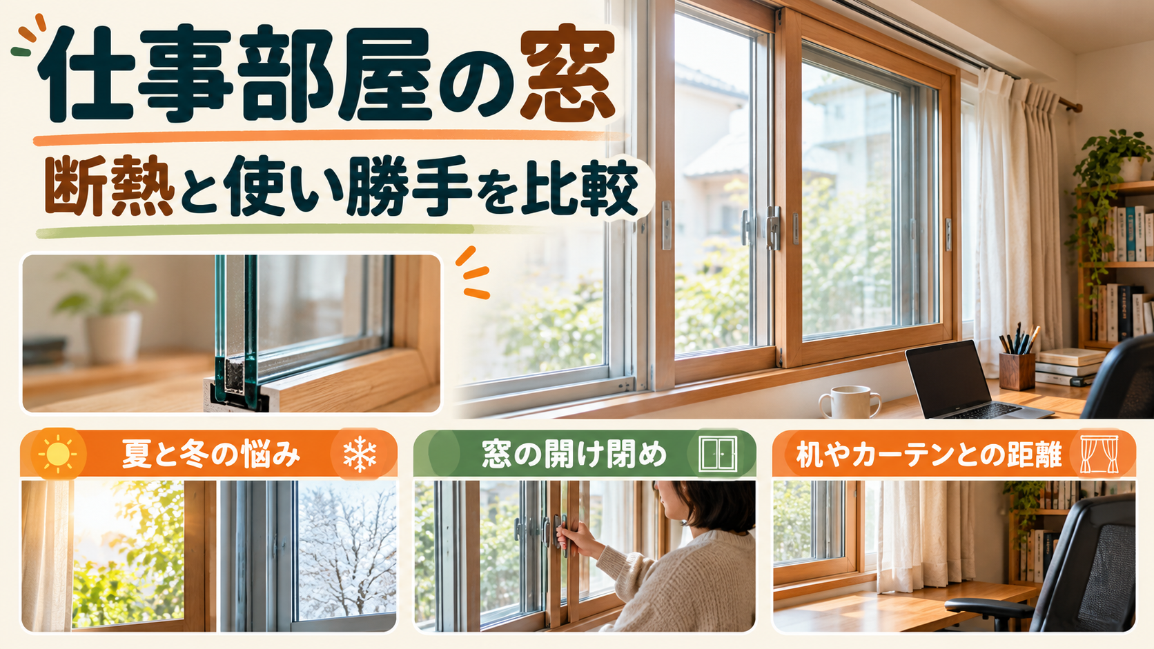 在宅ワークの机やカーテンに干渉しない内窓とガラスの仕様を比較するイメージ