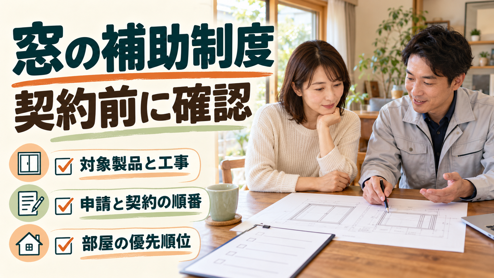 仕事部屋の窓の優先順位と補助制度の条件を契約前に確認するイメージ