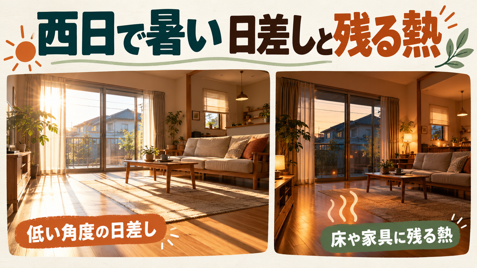 低い角度の西日が窓から入り床や家具を温めるイメージ