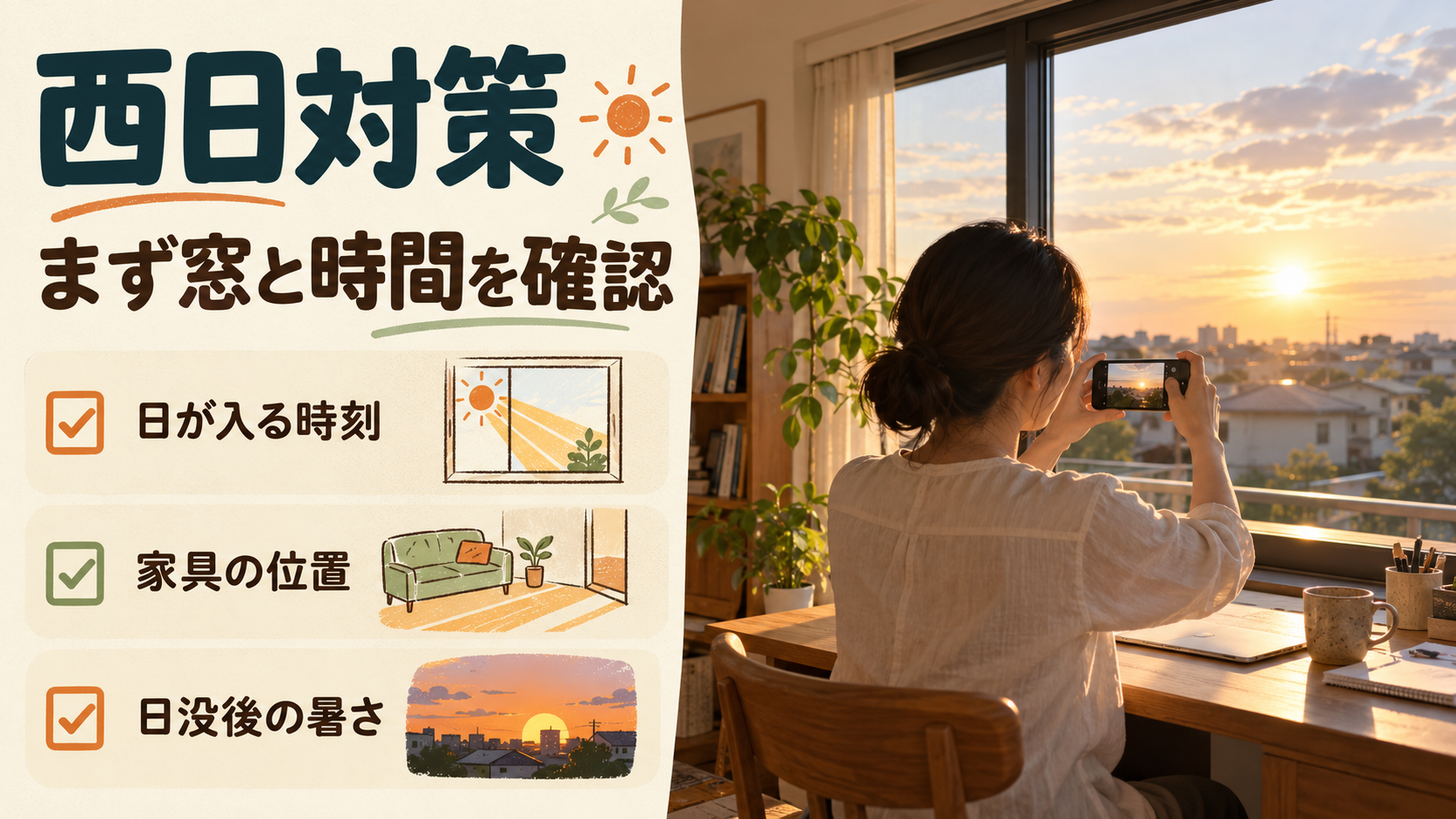 西日が当たる時間と窓際の家具の位置を安全に記録するイメージ