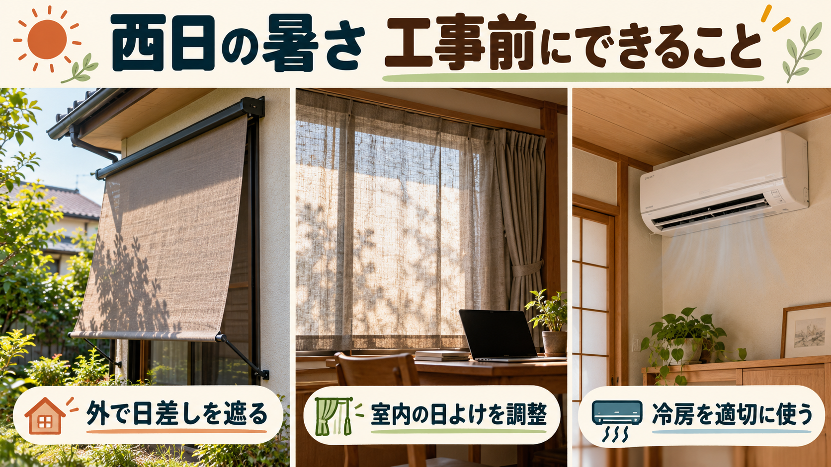外付け日よけと室内カーテンを使い冷房と併せて西日を抑えるイメージ
