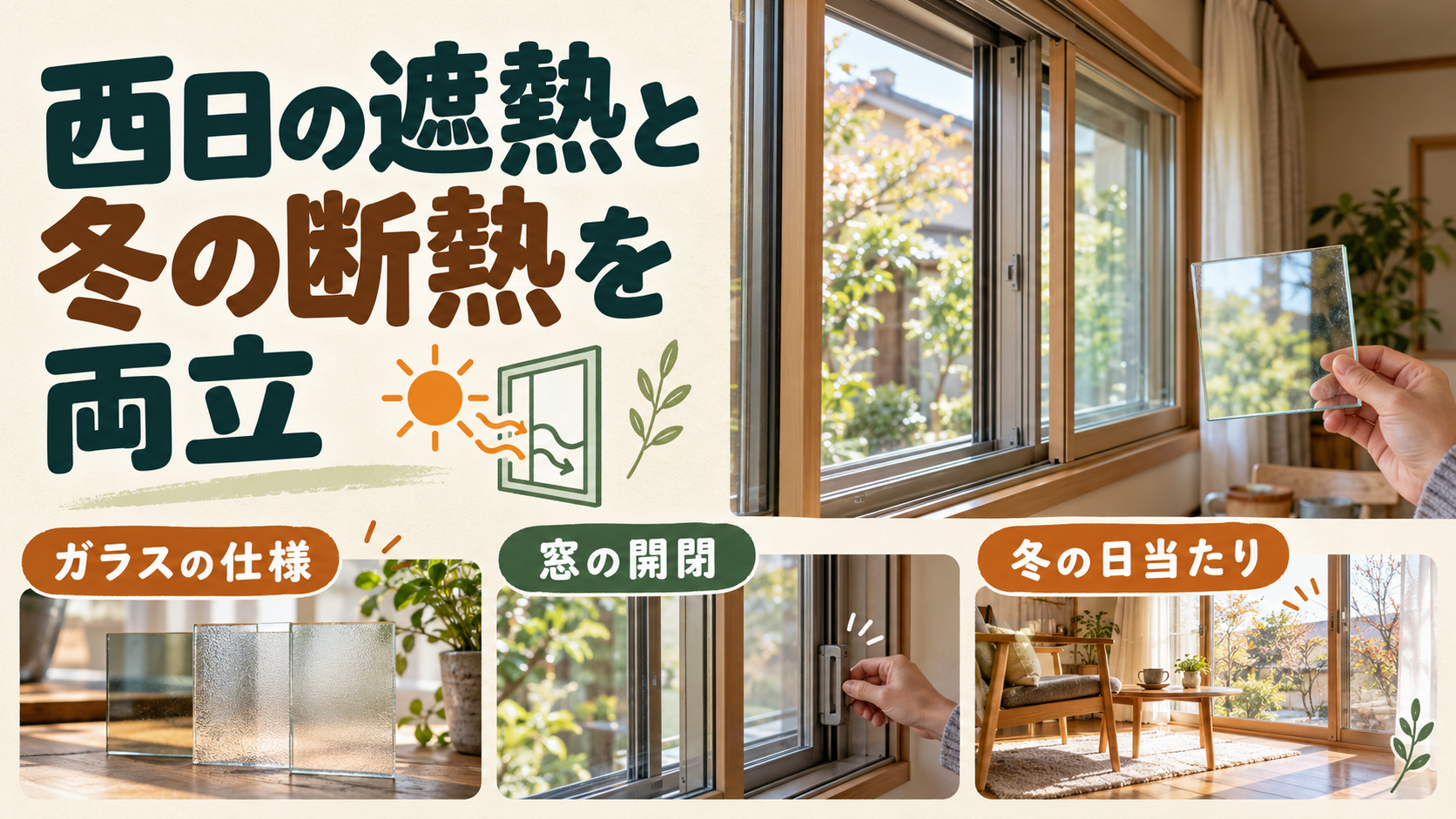 西日の遮熱と冬の断熱を考えて内窓やガラス交換を比較するイメージ