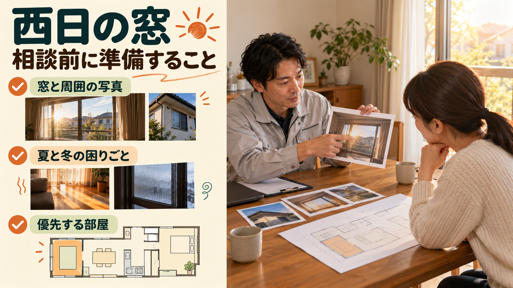 西日の当たる窓の写真と季節ごとの困りごとを施工店に相談するイメージ