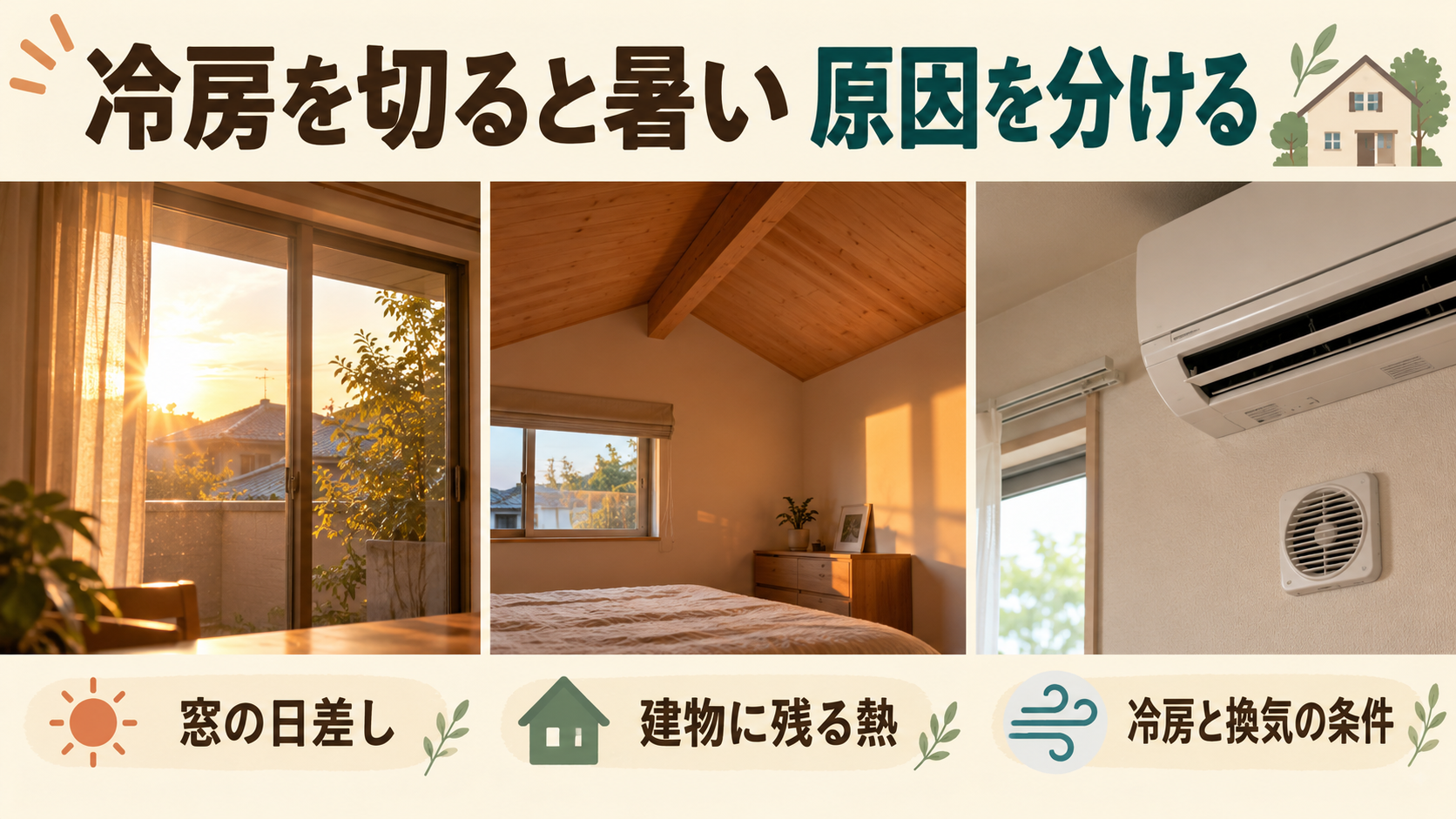 冷房停止後の暑さを窓の日射、室内に残る熱、冷房や換気の条件に分けるイメージ