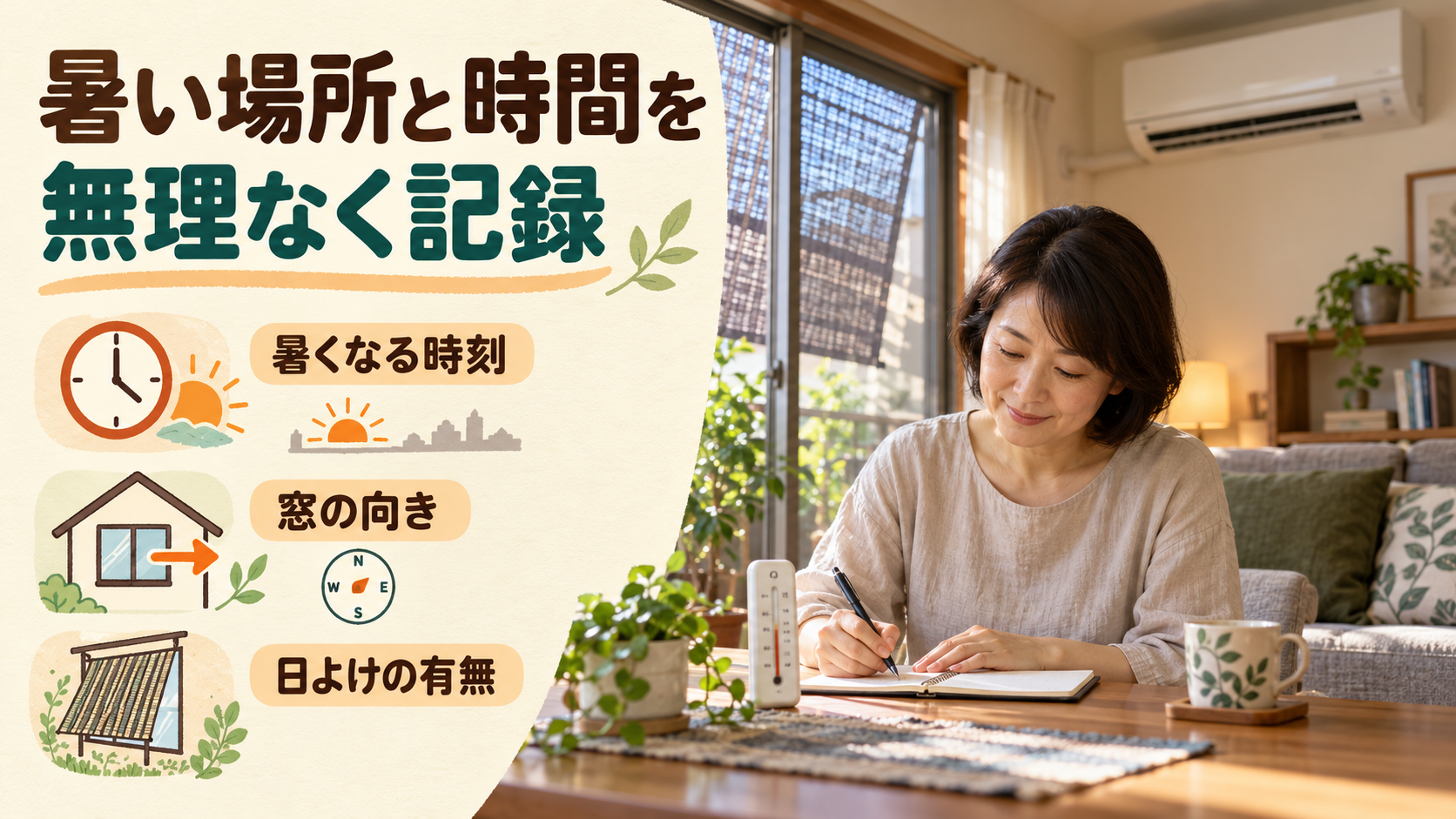 冷房を無理に止めず普段の生活で気付いた暑い場所と時刻を記録するイメージ