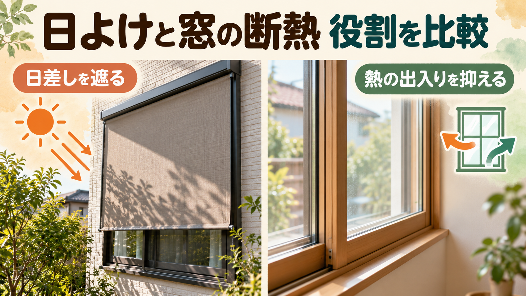 外付け日よけと内窓やガラス交換の役割を比較するイメージ