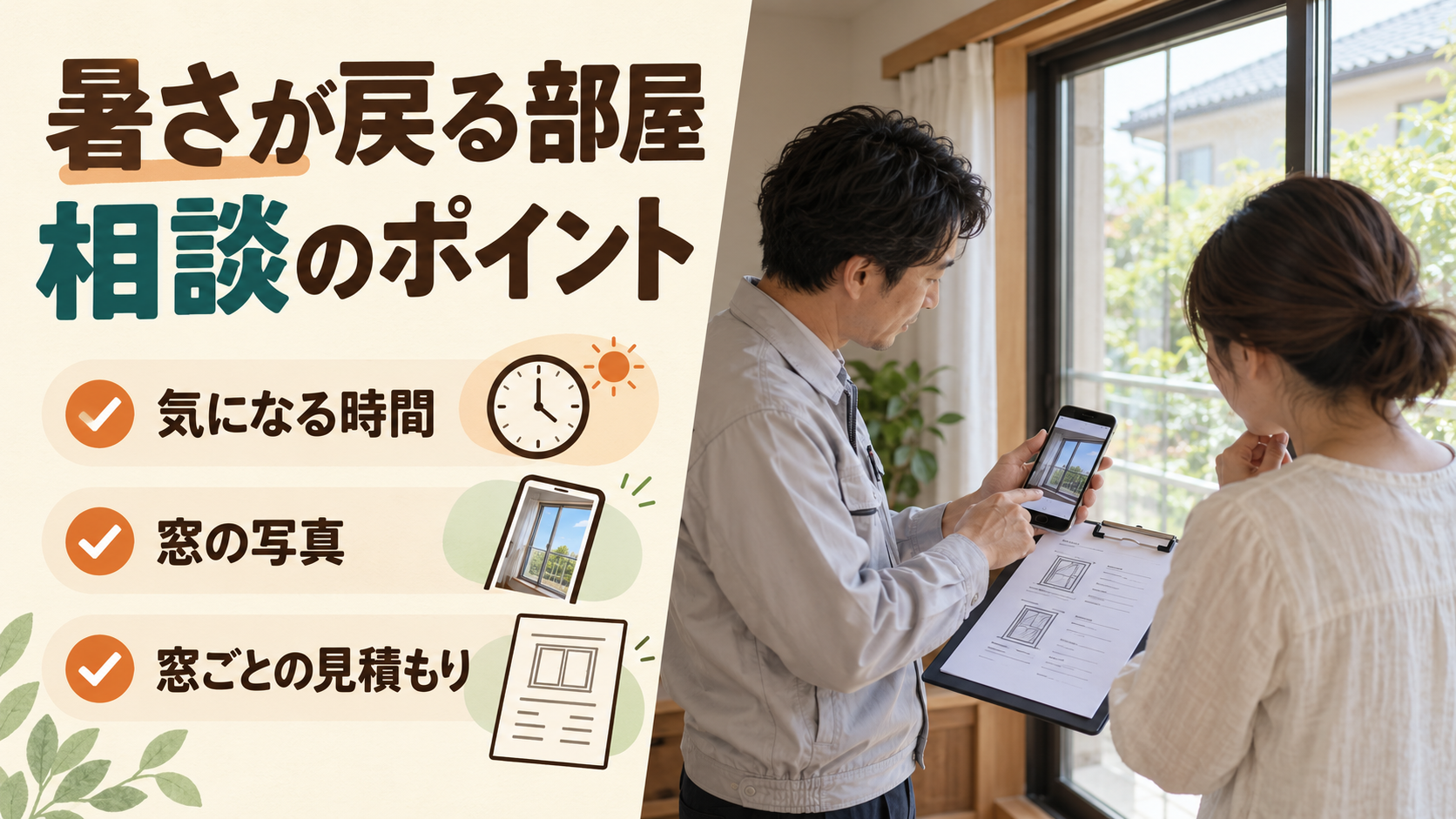 冷房停止後の暑さが気になる時間と窓の写真を施工店に相談するイメージ