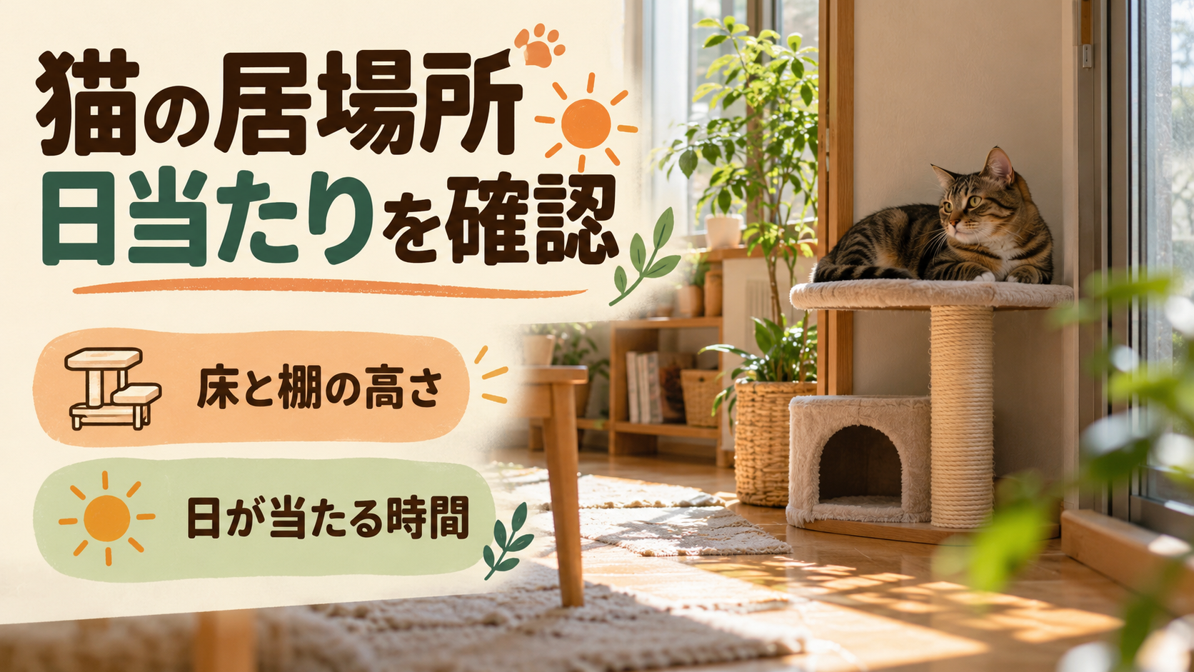 猫が休む床やキャットタワーと窓の日当たりを確認するイメージ