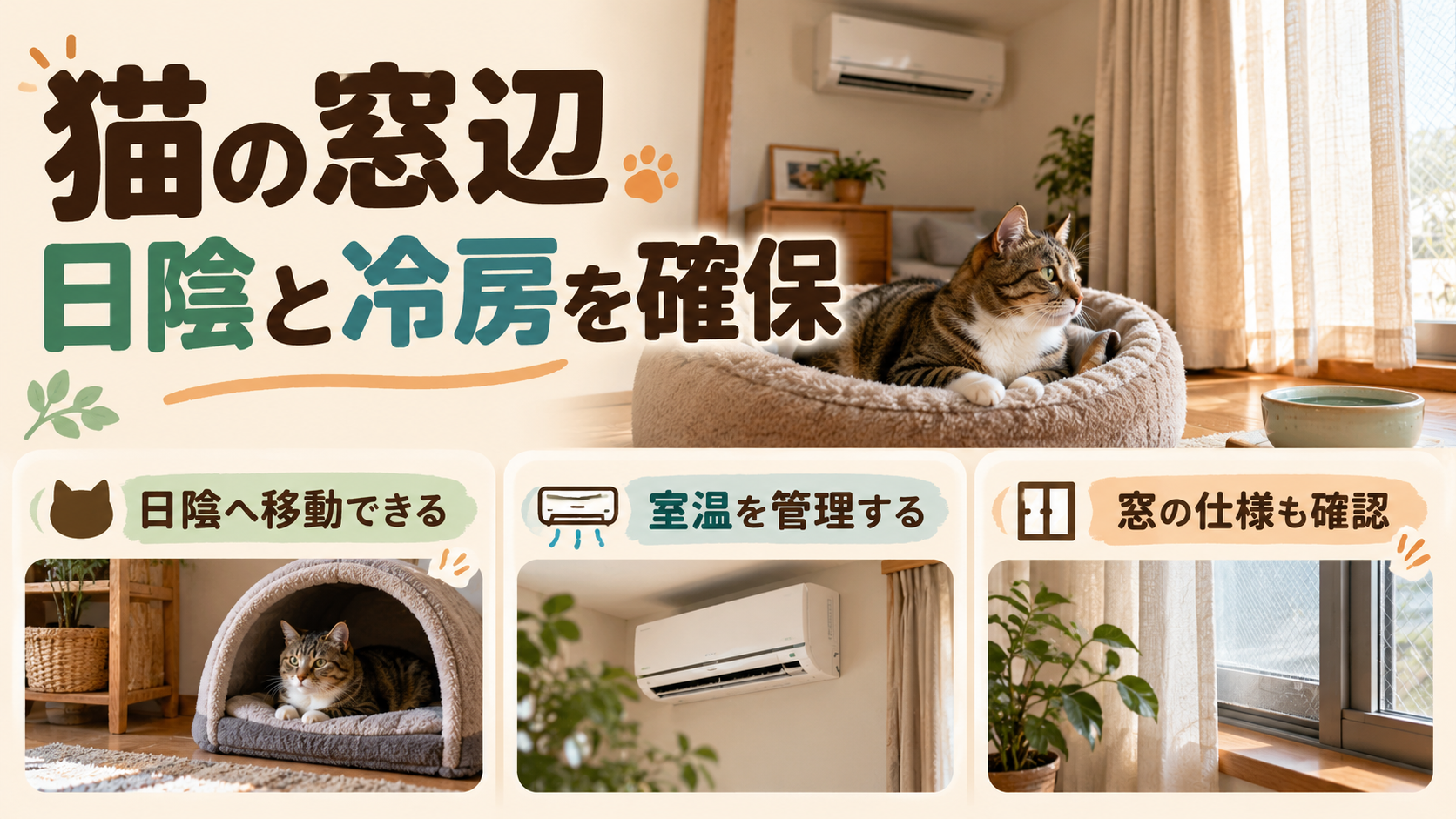 猫の居場所を守る冷房と日よけ、窓の断熱を分けて考えるイメージ