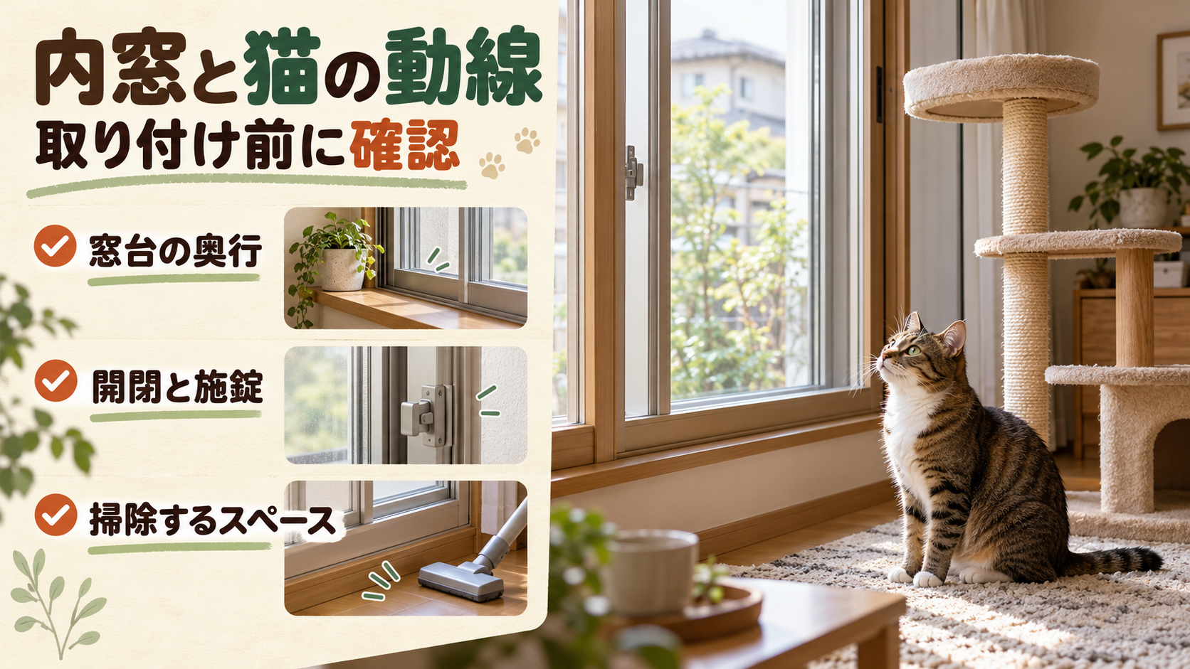 内窓の開閉と猫のキャットタワーや窓台の位置関係を確認するイメージ