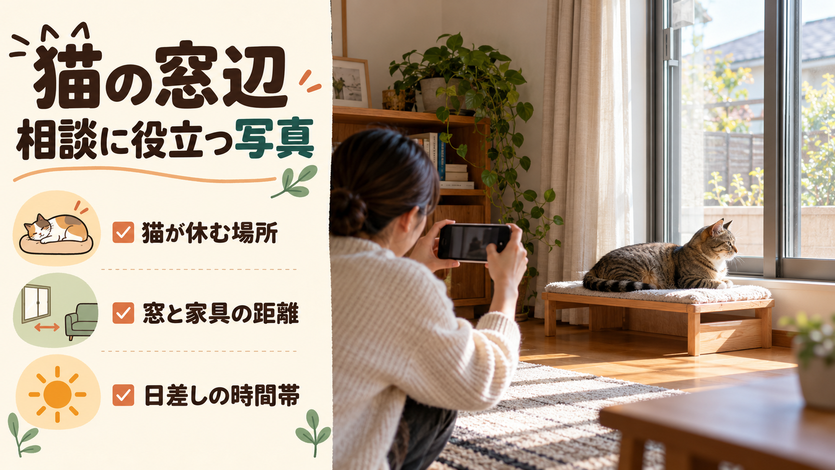 猫の休む場所と窓、カーテンや家具の距離を写真に記録するイメージ