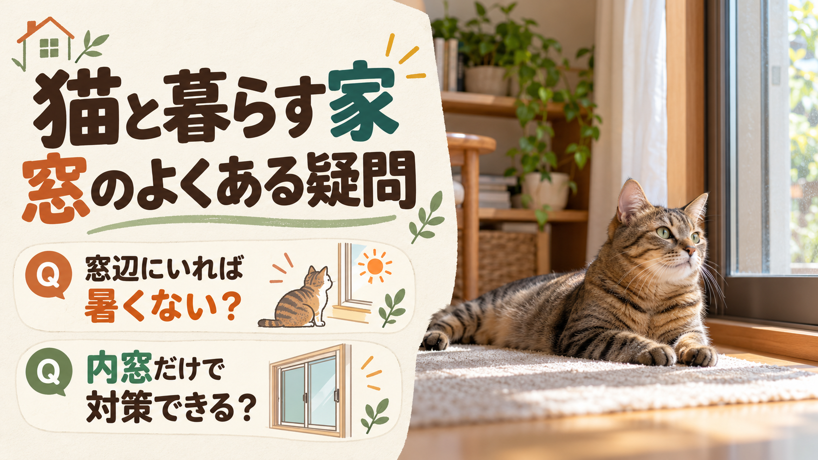 猫が窓辺にいる場合の暑さと内窓だけで対応できるかを考えるイメージ