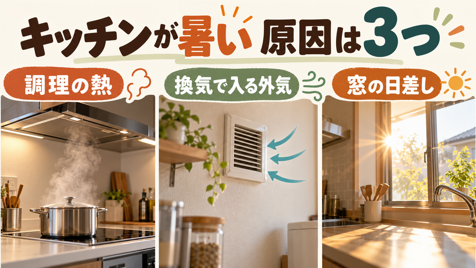 キッチンの暑さを調理熱、換気の給気、窓の日差しに分けて確認するイメージ