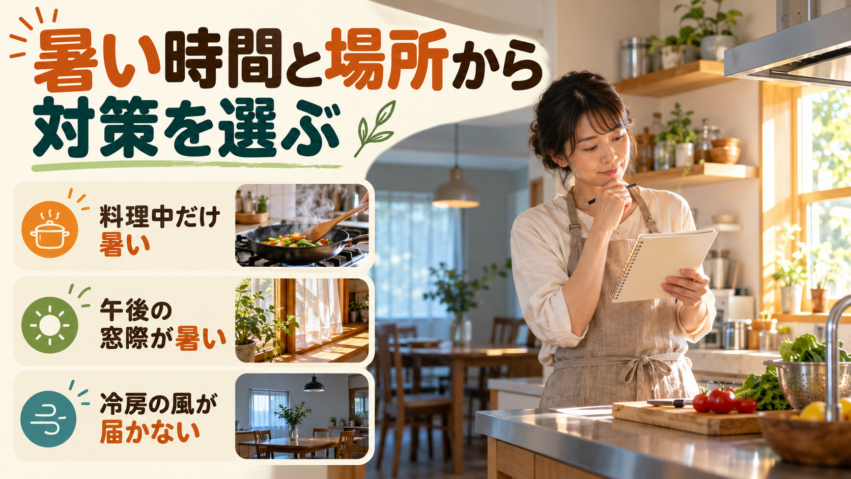 料理中、午後の窓際、冷房が届かない場所などキッチンの暑い条件を比較するイメージ