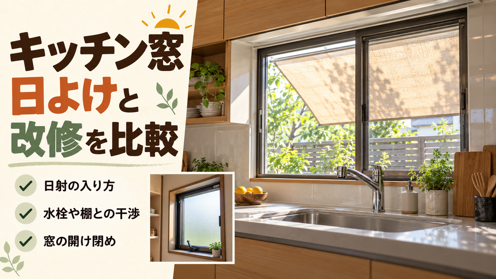キッチン窓の日よけや内窓を水栓や棚との干渉も含めて確認するイメージ