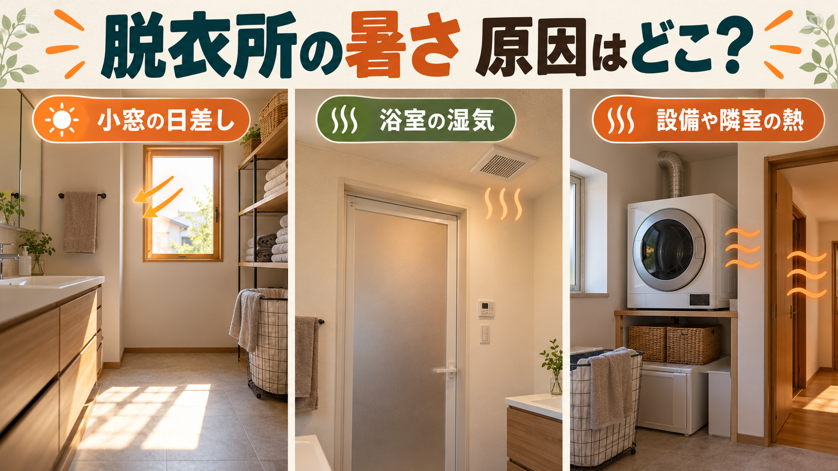 脱衣所の暑さを小窓の日射、浴室の湿気、洗濯乾燥機周辺の熱に分けるイメージ