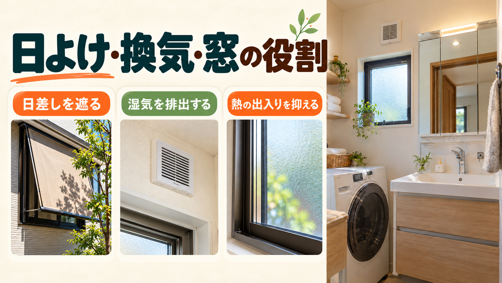 脱衣所の日よけ、換気と空調、内窓やガラス交換の役割を比較するイメージ