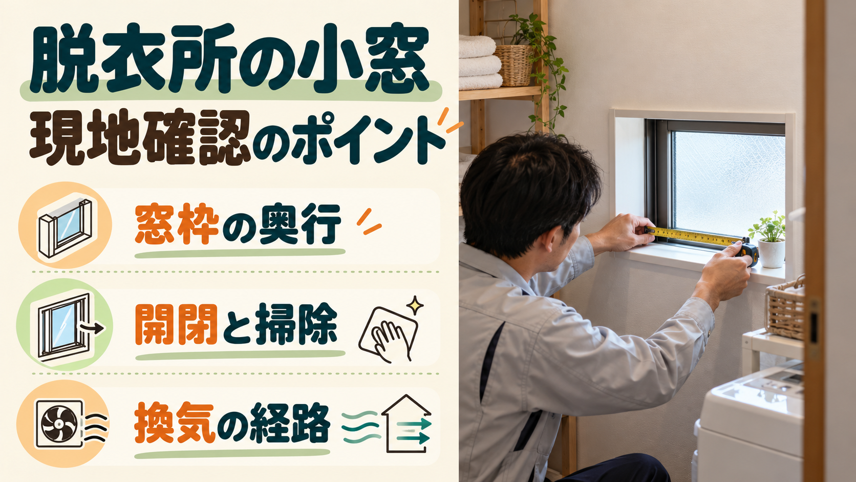 脱衣所の小窓と換気設備を施工店が確認しているイメージ